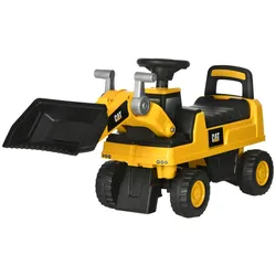 Yellow ride-on toy digger with a steering wheel, movable arm, and front scoop, branded with CAT logos.