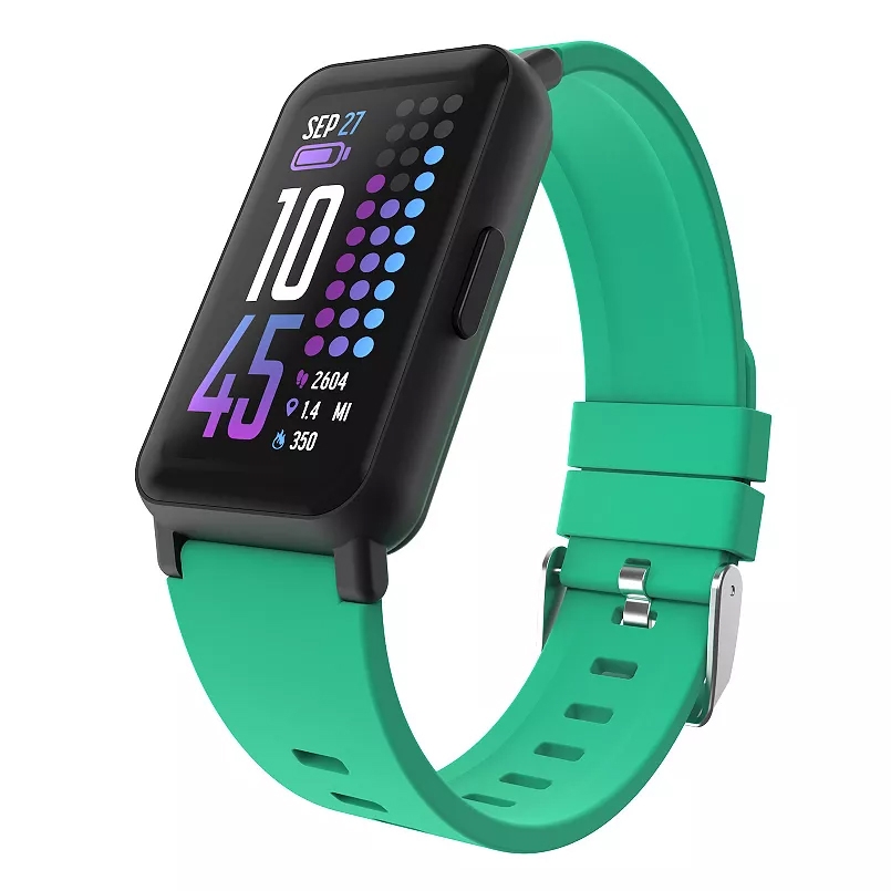 A smartwatch with a black rectangular face and a teal silicone strap, displaying time, date, steps, distance, and calorie count on its screen.