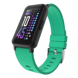 A smartwatch with a black rectangular face and a teal silicone strap, displaying time, date, steps, distance, and calorie count on its screen.