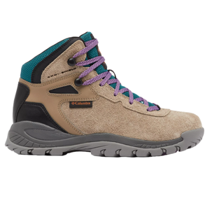 Columbia Newton Ridge Boots feature a tan suede upper with teal and black accents, purple laces, and a gray sole. Designed for hiking, they provide comfort and durability.