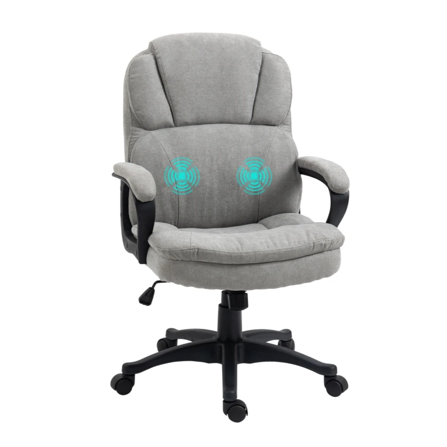 Gray office chair with cushioned padding, armrests, and massage features indicated by blue graphics on the backrest. Equipped with a swivel base and casters for mobility.