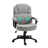 Gray office chair with cushioned padding, armrests, and massage features indicated by blue graphics on the backrest. Equipped with a swivel base and casters for mobility.