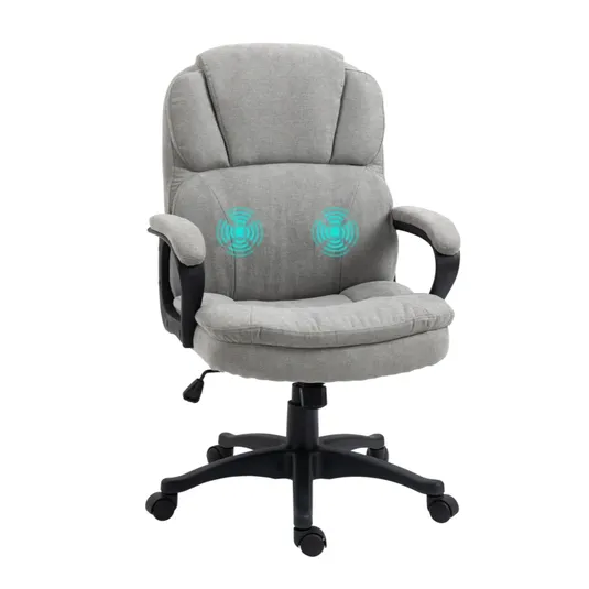 Gray office chair with cushioned padding, armrests, and massage features indicated by blue graphics on the backrest. Equipped with a swivel base and casters for mobility.