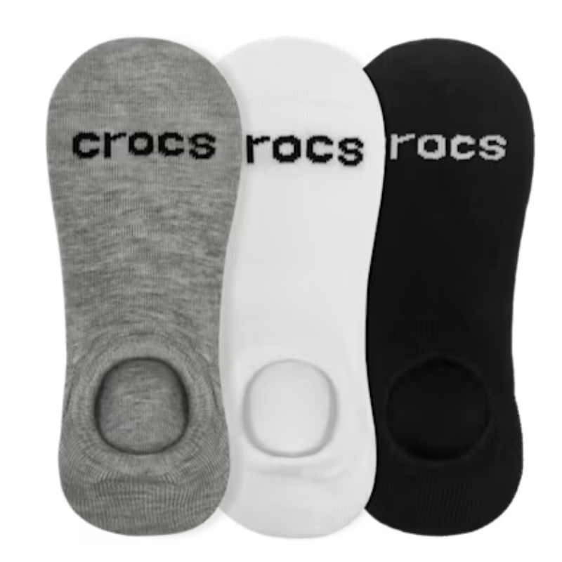 Three pairs of no-show socks in gray, white, and black colors, each featuring the \“crocs\“ logo.