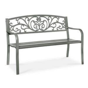 A gray metal bench with decorative scrollwork on the backrest and simple armrests.