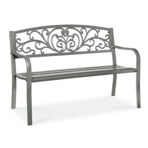 A gray metal bench with decorative scrollwork on the backrest and simple armrests.