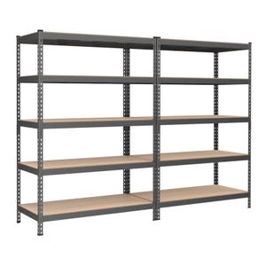 A set of two 5-tier garage shelving units with a metal frame and wooden shelves, ideal for storage and organization.