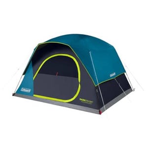 6-Person Coleman Tent with Dark Room Technology, features a dome shape, teal and gray colors with neon yellow accents, large front door, and several guy lines for stability.