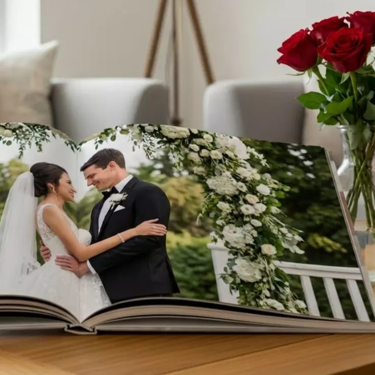 A wedding photo album open to a page showing a couple in wedding attire under a floral arch, placed on a wooden table next to a vase of red roses in a cozy living room setting.