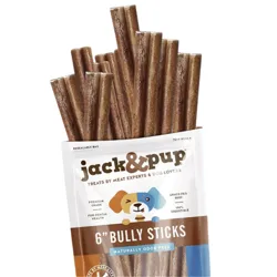 Jack & Pup 6\“ Bully Sticks, naturally odor-free, made from grass-fed beef, premium grade for dental health, and 100% digestible.