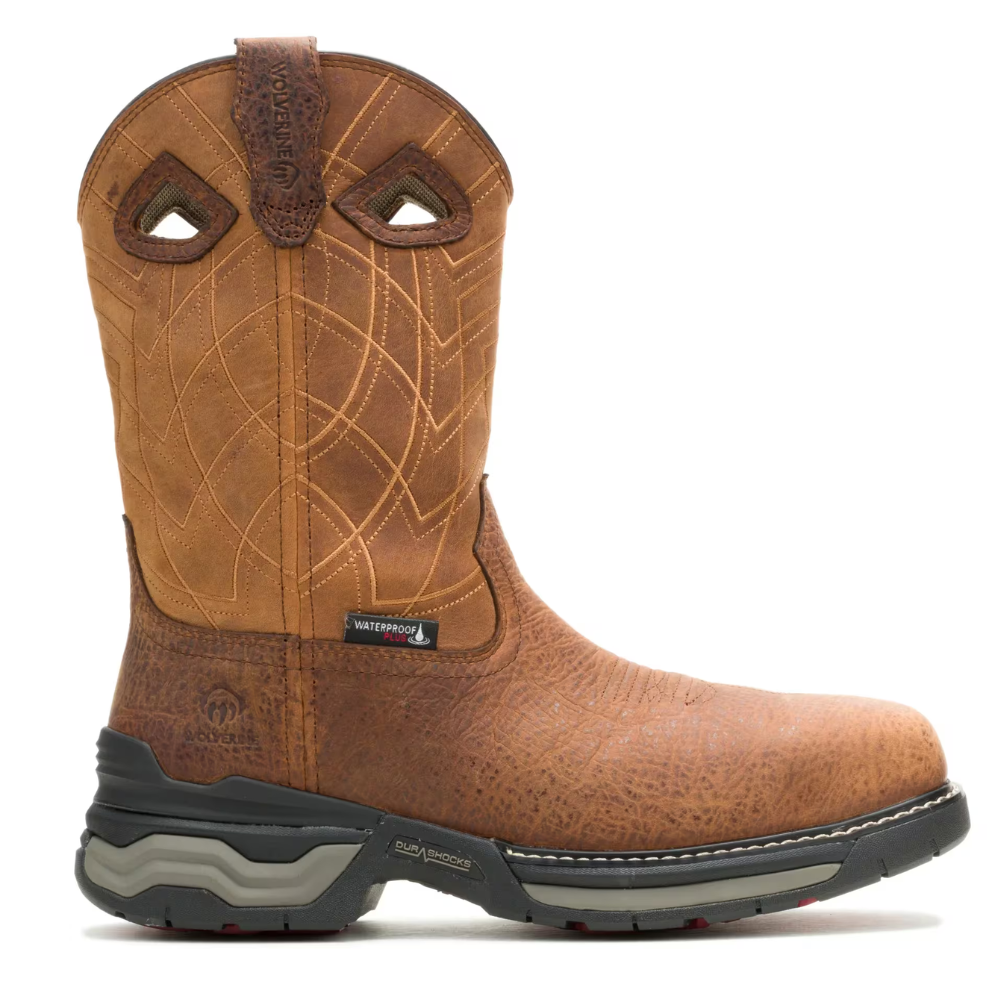 Brown waterproof work boot with decorative stitching, pull-on loops, and a rugged outsole featuring DuraShocks technology.