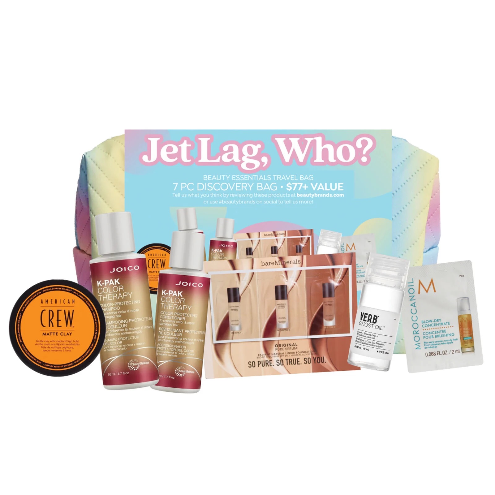 A travel bag set titled \“Jet Lag, Who?\“ includes Joico K-Pak Color Therapy shampoo and conditioner, American Crew Matte Clay, bareMinerals samples, Moroccanoil Blow Dry Concentrate, and Verb Ghost Oil. Valued over $77.