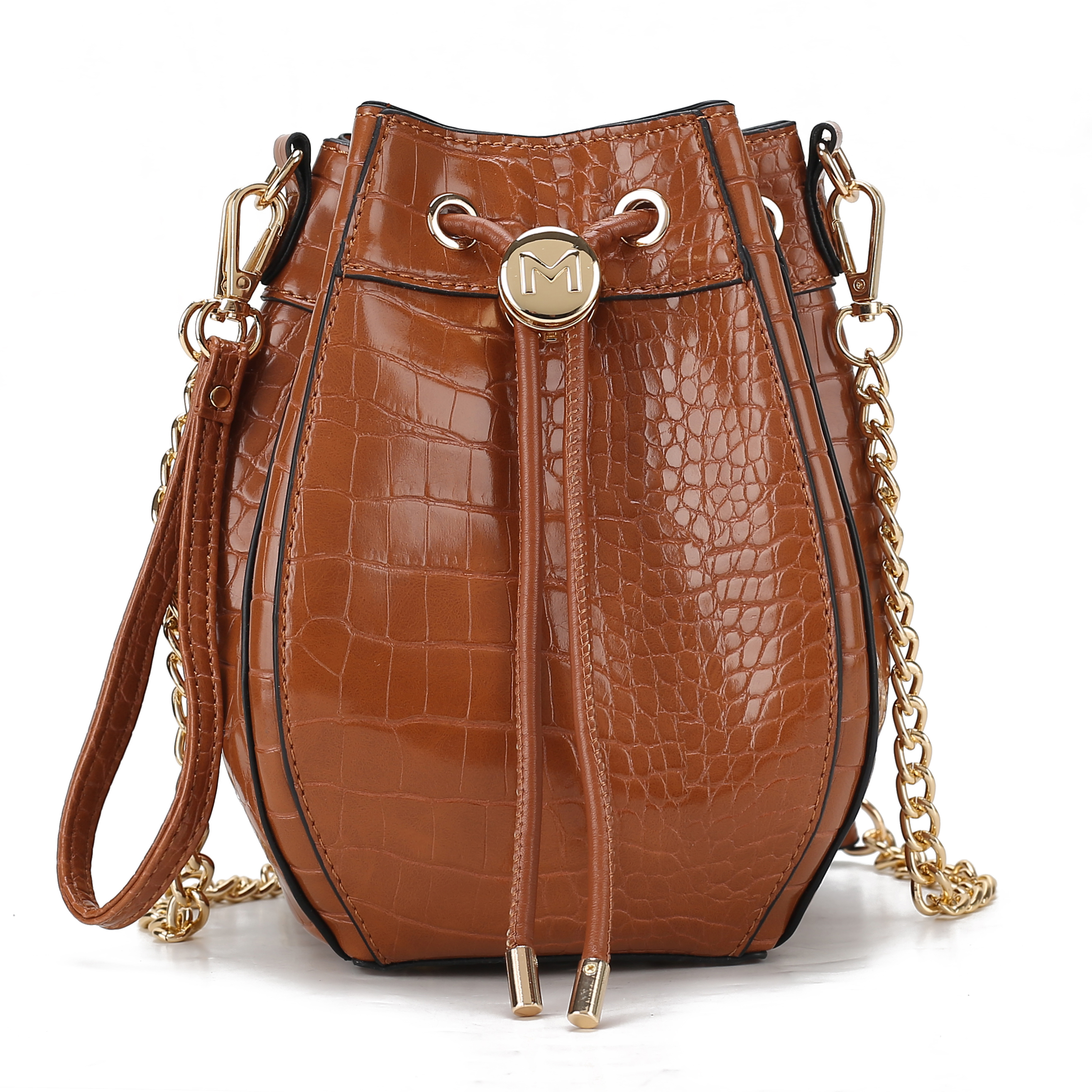 Brown faux crocodile leather bucket bag with gold chain strap and drawstring closure, featuring a circular metal logo emblem.