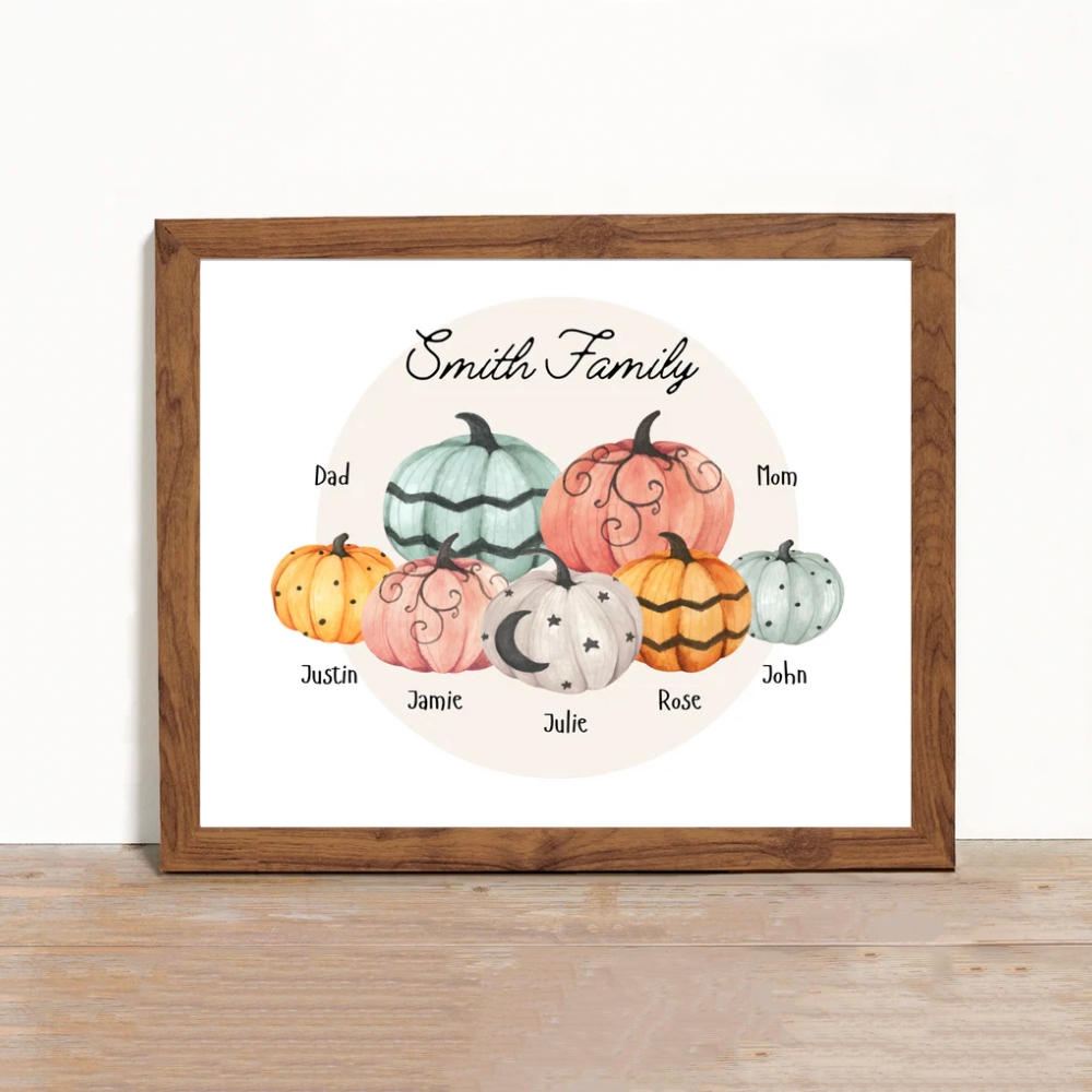 A framed illustration of decorative pumpkins with the names \“Smith Family, Dad, Mom, Justin, Jamie, Julie, Rose, John\“ around a central larger pumpkin.