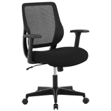 Black office chair with mesh back, adjustable armrests, and height adjustment lever. Features a cushioned seat and five caster wheels for mobility.