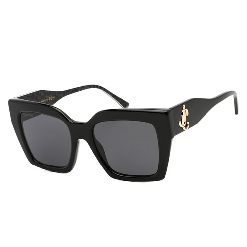 Black oversized sunglasses with a distinctive cat-eye shape and a gold-tone logo detail on the hinges. The arms feature a textured pattern.