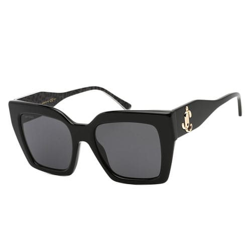 Black oversized sunglasses with a distinctive cat-eye shape and a gold-tone logo detail on the hinges. The arms feature a textured pattern.