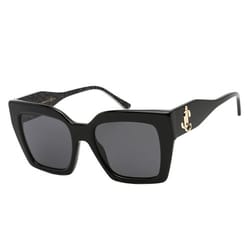 Black oversized sunglasses with a distinctive cat-eye shape and a gold-tone logo detail on the hinges. The arms feature a textured pattern.