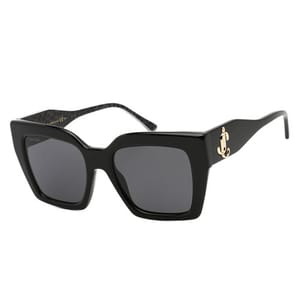 Black oversized sunglasses with a distinctive cat-eye shape and a gold-tone logo detail on the hinges. The arms feature a textured pattern.