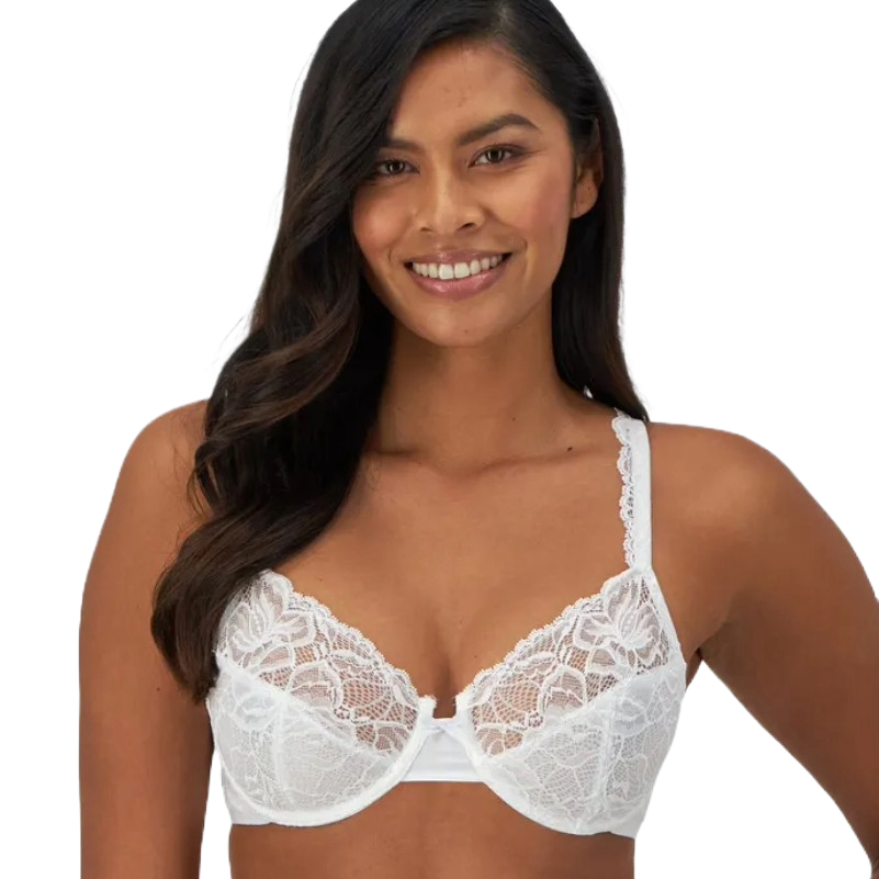 A woman is wearing a white lace bra with underwire support and adjustable straps.