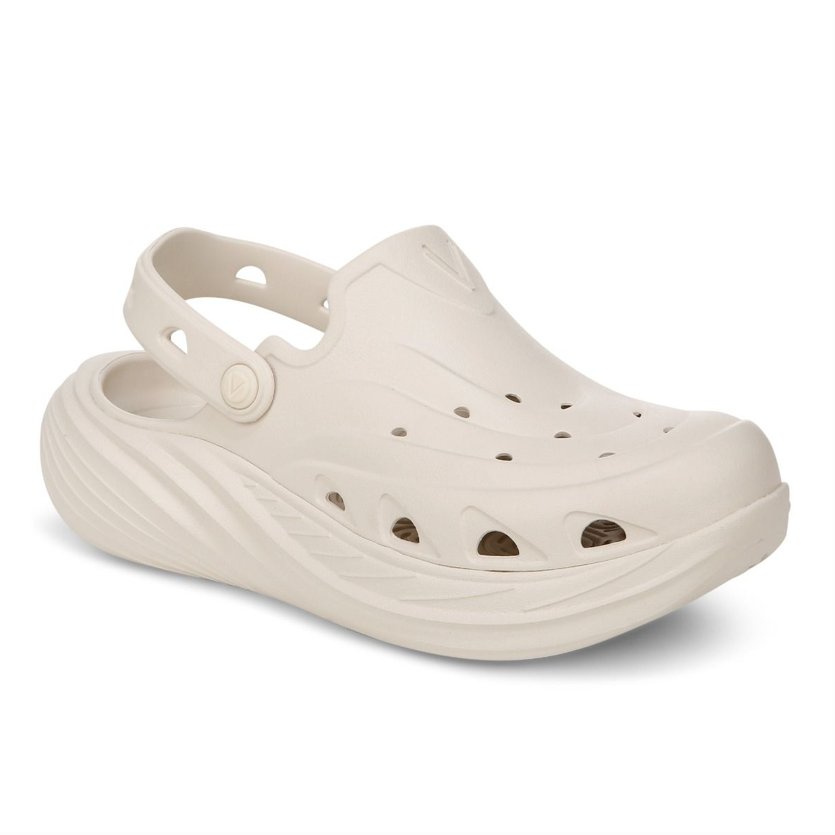 Off-white Vionic Wave Recovery Clogs featuring a cushioned sole, perforations for breathability, textured design, and a heel strap for secure fit.