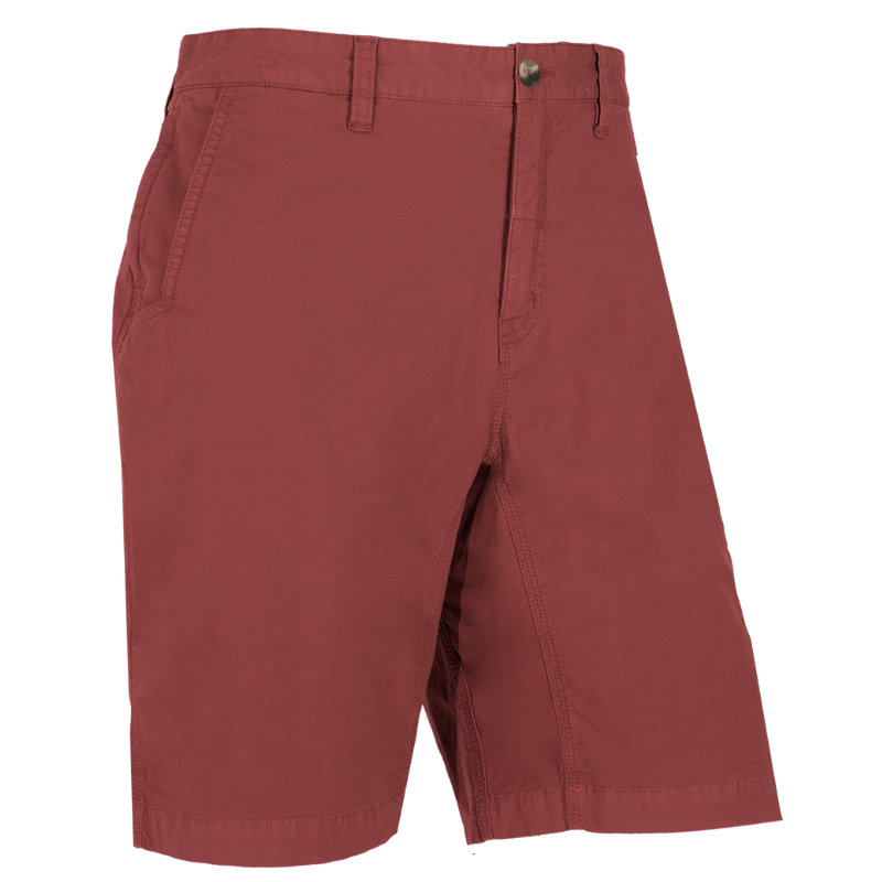 A pair of red, knee-length shorts made from stretch poplin fabric. They feature a button and zip closure, belt loops, and side pockets.