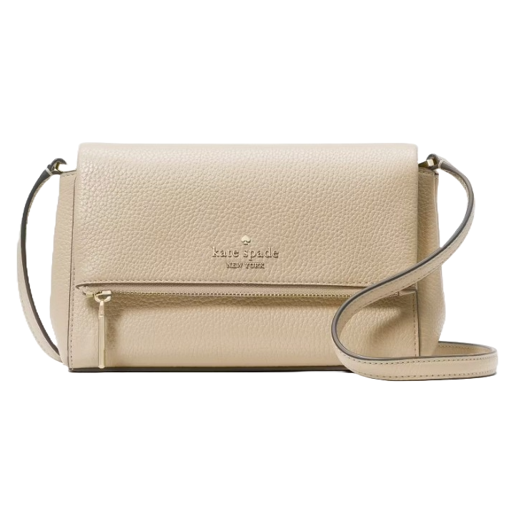 Beige Kate Spade New York crossbody bag with a pebbled texture, featuring a front flap, zippered pocket, and adjustable strap.