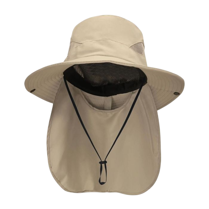 A beige sun hat with a wide brim and a neck flap for added sun protection, featuring mesh ventilation and an adjustable chin strap.