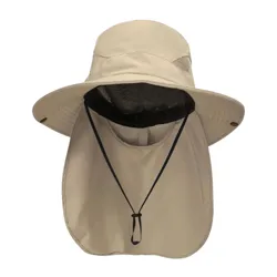A beige sun hat with a wide brim and a neck flap for added sun protection, featuring mesh ventilation and an adjustable chin strap.