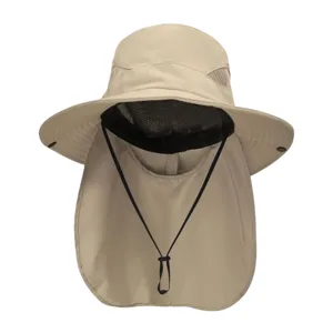 A beige sun hat with a wide brim and a neck flap for added sun protection, featuring mesh ventilation and an adjustable chin strap.