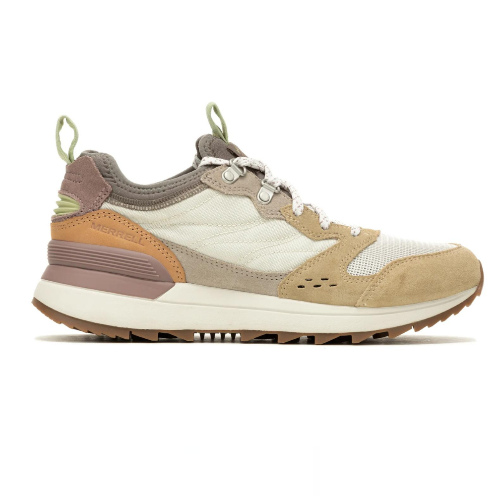 Merrell sneaker featuring a mix of beige, brown, and green tones, with a suede and mesh upper, cushioned midsole, and rugged outsole.