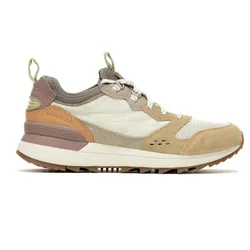 Merrell sneaker featuring a mix of beige, brown, and green tones, with a suede and mesh upper, cushioned midsole, and rugged outsole.