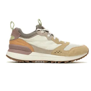 Merrell sneaker featuring a mix of beige, brown, and green tones, with a suede and mesh upper, cushioned midsole, and rugged outsole.