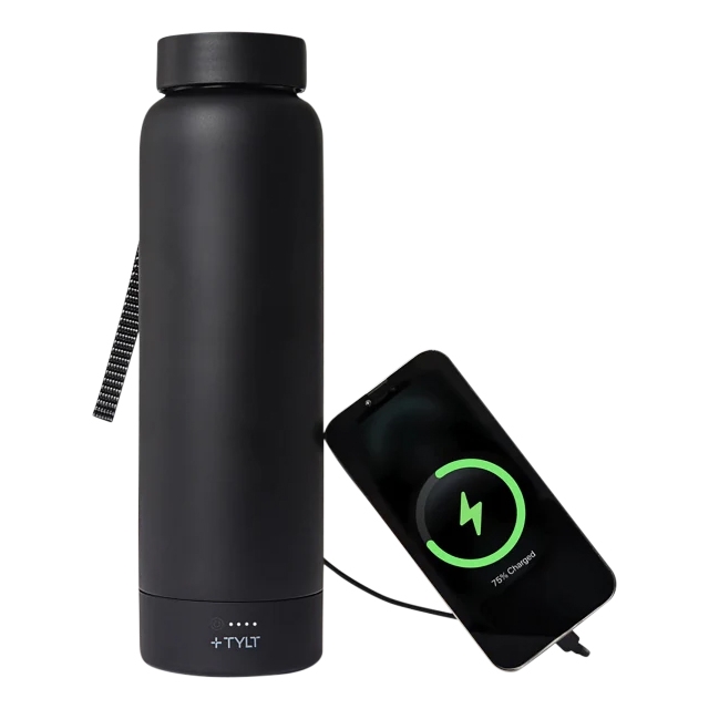 A black water bottle with a built-in phone charger, shown charging a smartphone with 75% battery.