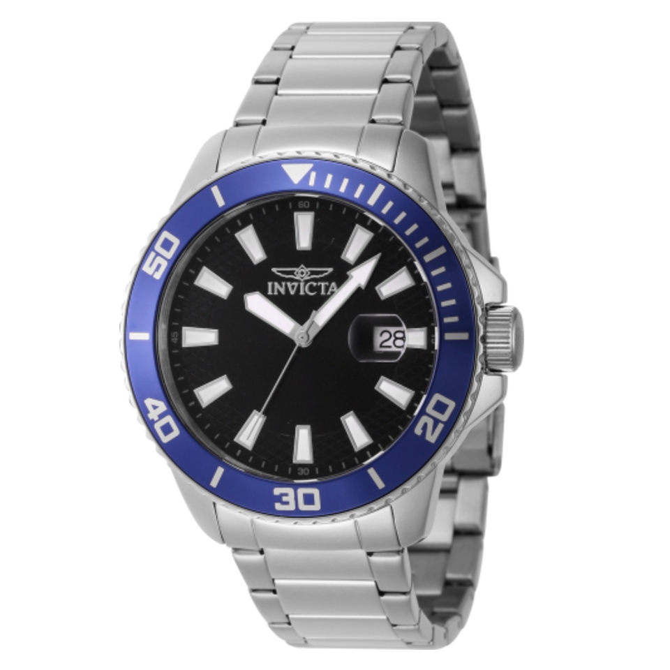 Invicta Men's Pro Diver Quartz Watch features a black dial, silver-tone stainless steel bracelet, and a blue unidirectional bezel. It includes a date window at 3 o'clock and luminous hands.