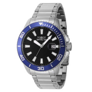 Invicta Men's Pro Diver Quartz Watch features a black dial, silver-tone stainless steel bracelet, and a blue unidirectional bezel. It includes a date window at 3 o'clock and luminous hands.