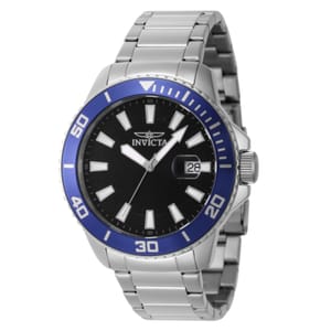 Invicta Men's Pro Diver Quartz Watch features a black dial, silver-tone stainless steel bracelet, and a blue unidirectional bezel. It includes a date window at 3 o'clock and luminous hands.