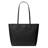 A black Kate Spade tote bag with long handles and a minimalist design, featuring the brand's logo near the top.