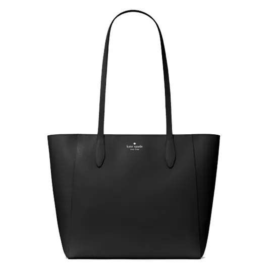 A black Kate Spade tote bag with long handles and a minimalist design, featuring the brand's logo near the top.