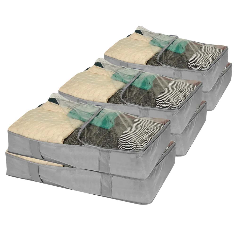 6pk under-bed storage bags in gray, featuring a transparent top cover for visibility and handles for easy sliding. Each bag contains assorted folded clothes, maximizing storage space while keeping items organized and protected.