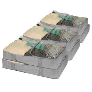 6pk under-bed storage bags in gray, featuring a transparent top cover for visibility and handles for easy sliding. Each bag contains assorted folded clothes, maximizing storage space while keeping items organized and protected.