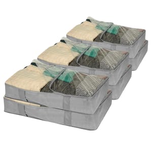 6pk under-bed storage bags in gray, featuring a transparent top cover for visibility and handles for easy sliding. Each bag contains assorted folded clothes, maximizing storage space while keeping items organized and protected.