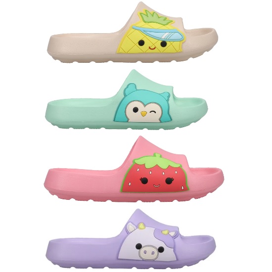 Four pairs of colorful sandals each adorned with a different Squishmallow character: a pineapple, an owl, a strawberry, and a unicorn, in soft pastel tones.