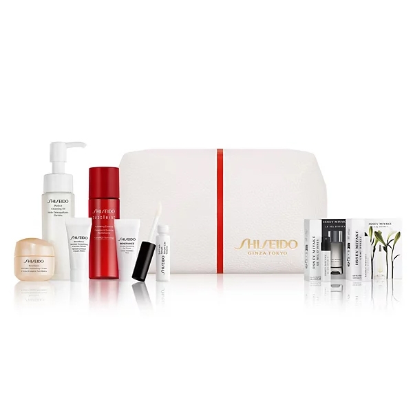 Shiseido FREE 9-Pc. Gift includes a cleansing foam, a red bottle of Ultimune Power Infusing Concentrate, a cream, a small tube of targeting treatment, a white bottle, an additional small tube, two small vials, and a sleek white pouch with a red stripe.