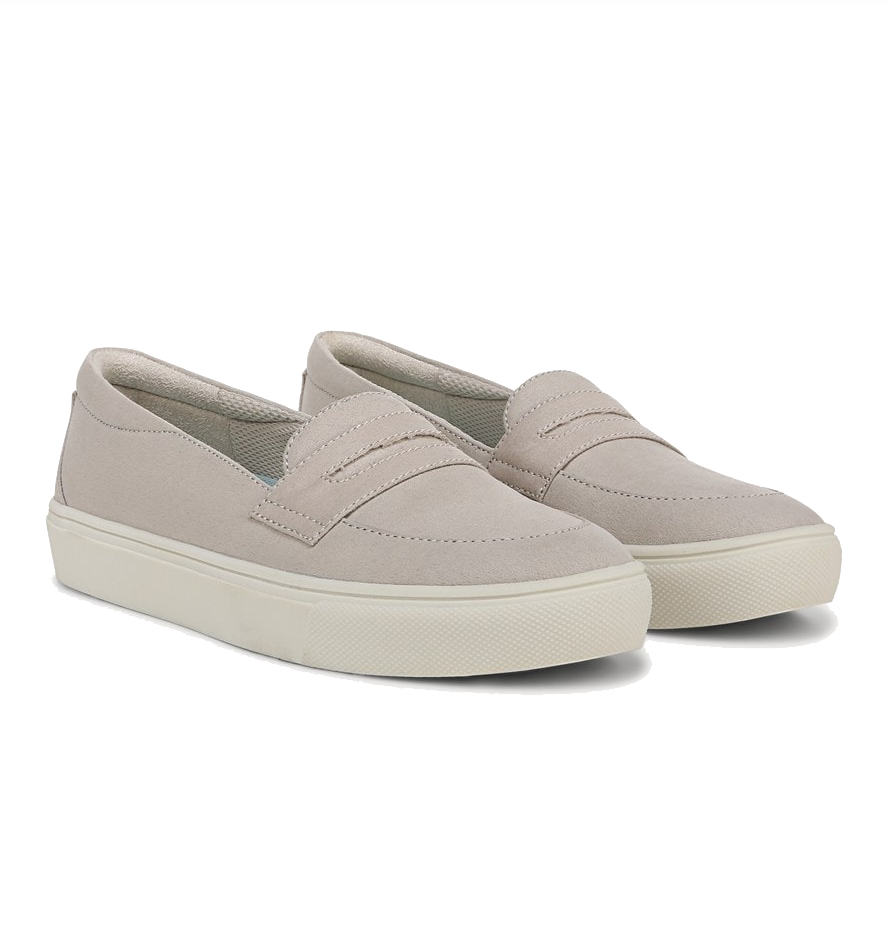 Beige slip-on shoes with a textured rubber sole and a simple, casual design.
