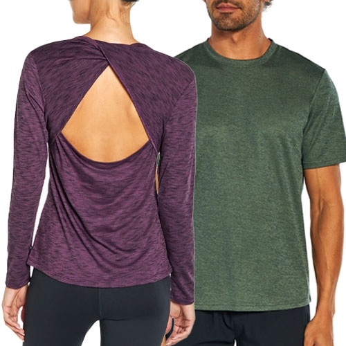 A woman is wearing a purple long-sleeve top with an open back design, and a man is wearing a green short-sleeve crew neck shirt.