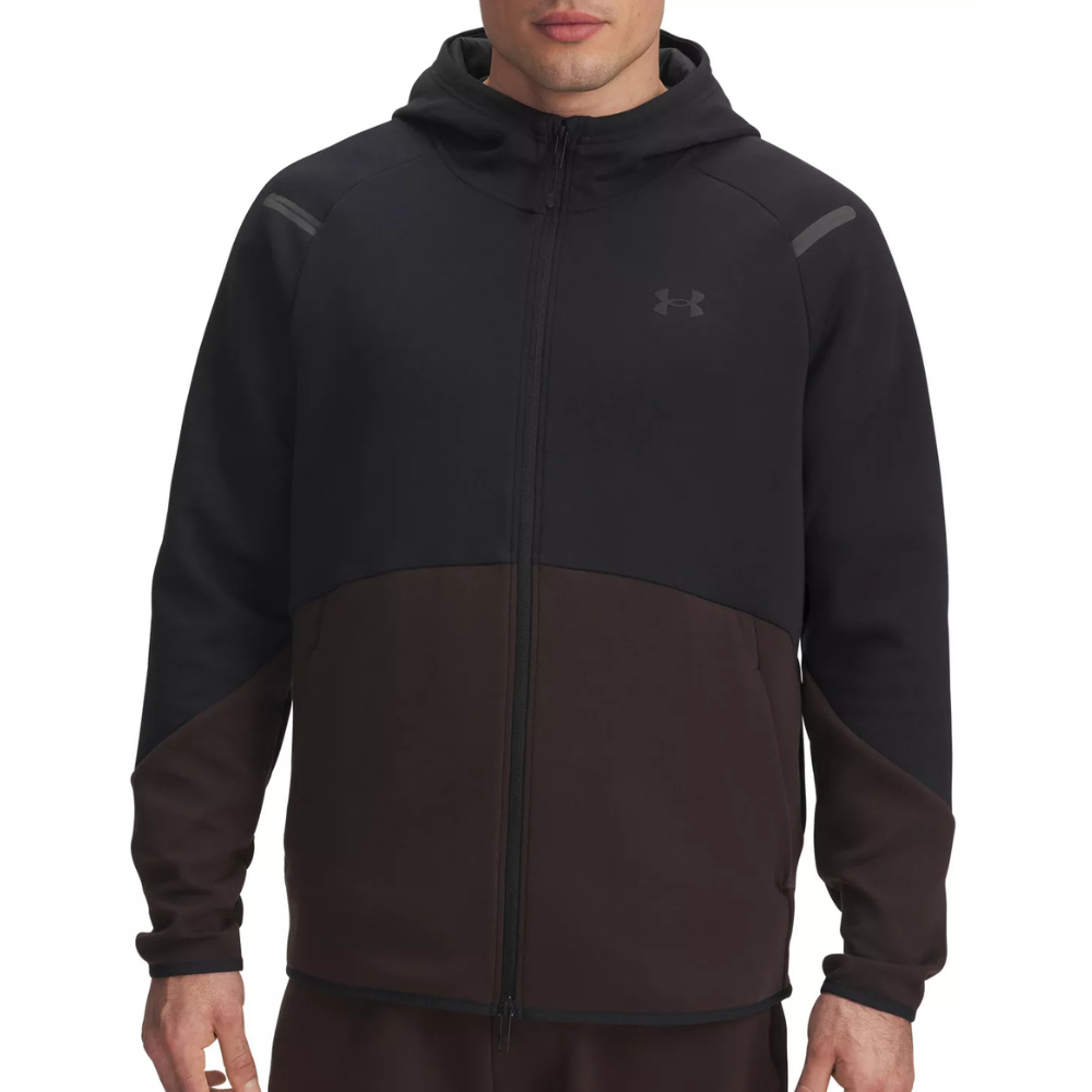 A black and brown Under Armour zip-up hooded jacket with long sleeves and subtle logo detailing on the chest.