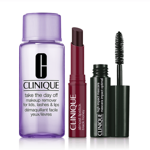 Clinique Favorite Minis include a purple bottle of \“Take the Day Off\“ makeup remover, a deep berry shade of \“Almost Lipstick\“ in Black Honey, and a black tube of \“High Impact\“ mascara.