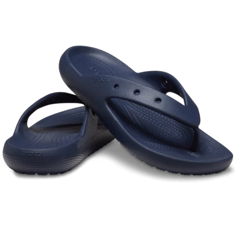 A pair of navy blue flip-flops with a strap between the toes and a textured insole.