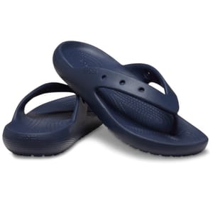 A pair of navy blue flip-flops with a strap between the toes and a textured insole.